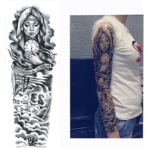 2017 New 1 Piece Temporary Tattoo Sticker Nun Girl Pray Design Full Flower Arm Body Art Beckham Big Large Fake Tattoo Sticker