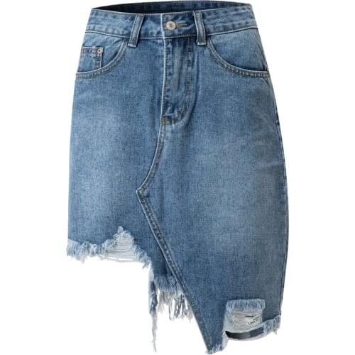 Office Womens Skirts Stretch Irregular Frayed Hem Mini Denim Jean Skirt Sexy Lady Spring Autumn Summer Short Skirt