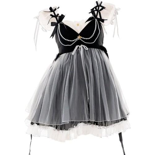 Angel Suspender Dress Lovely Bow Ribbon Cake Perspective Dress Sweet Sexy Lolita Girl Bandage Sleepwear Set