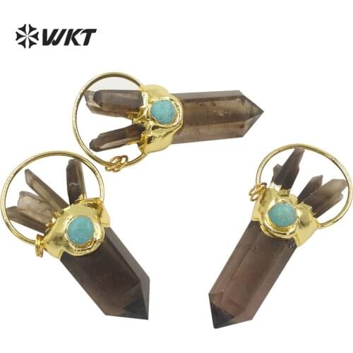 WT-P1672 Amazing WKT Exclusive design Natural raw big Stone pendant fashion gold healing smoky quartz stone jewelry pendants