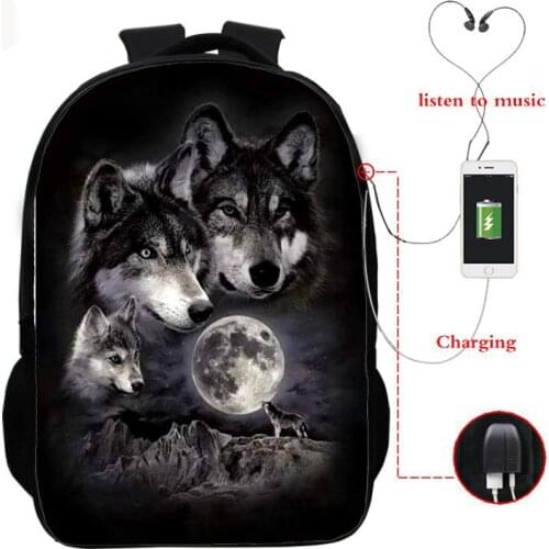 3D Animal Lion Wolf Backpack USB Charging Backpack Canvas Rucksack Laptop Knapsack boys girls School Bag Bookbag Animal Mochilas