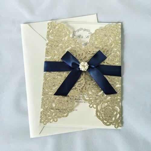 Champagne glitter fold wedding invitations With Navy Blue Bow and Rhinestone laser cut invitation card for anniverarty XV Party