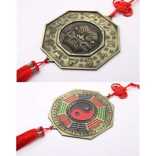 House Protection Ornaments Feng Shui Foo Dog Biting a Sword Bagua Mirror with Chinese Knot Tassel for Office Family Protection