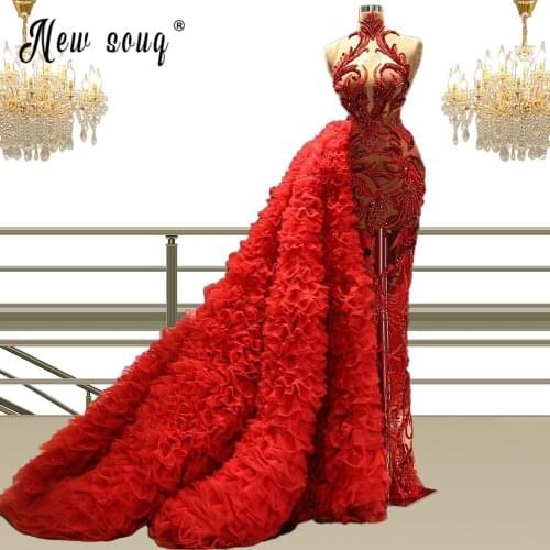 Gorgeous Red Mermaid Prom Dress High Neck Illusion Two Pieces Evening Gown Party Dresses with Ruffles Detachable Train Pageant