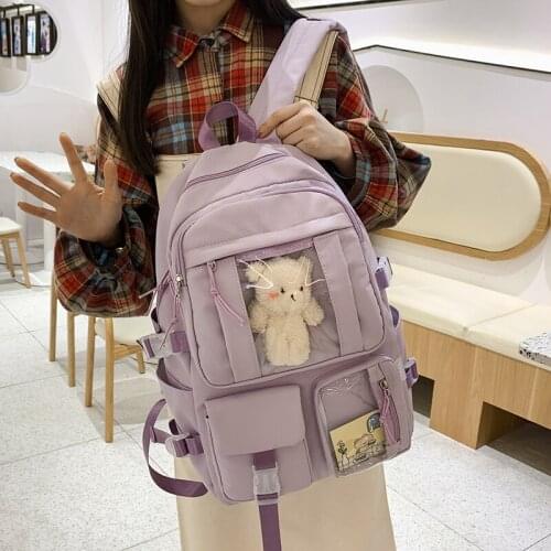 Women Waterproof Nylon Backpack Cute Solid Color Schoolbag For Teenage Girls Backbag Multi-Pocket Fashion Female Backpack