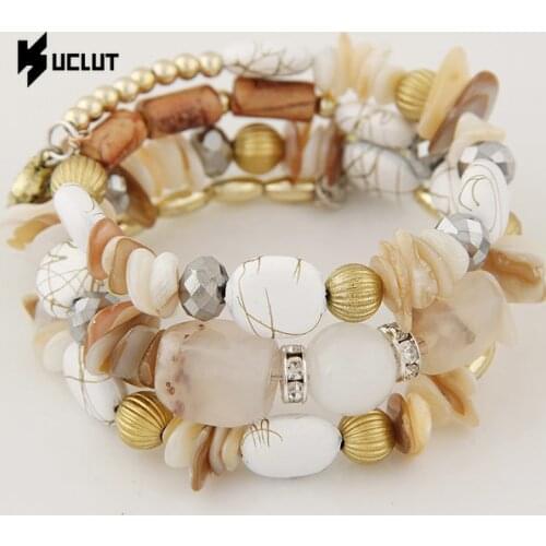 Retro Natrual Stone Turquoise Shell Beaded Multilayer Winding Elestic Bracelet for Women, New Gothic