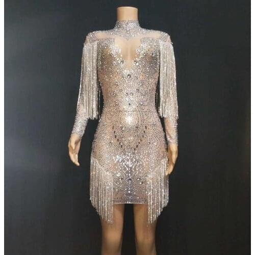 Women Sparkly Crystals Mesh Perspective Dress Evening Party Dresses Birthday Celebrate Costume Singer Performance Dance