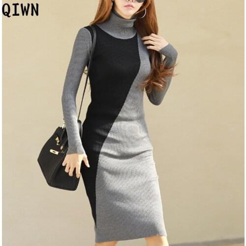 Elegant Autumn Winter Sweater Dress One-Piece Women Sweater Knit Dress 2021 Spring Womens Korean Office Slim Pullover Midi Dress