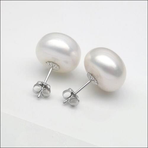 14K Solid White Gold 13-14MM White Genuine Freshwater Button Pearl Stud Earrings