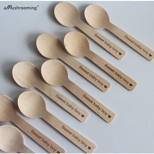50/100pcs Spoon Sweet Baby Boy Heart Mini Ice Cream Dessert Cake Wood Custom Birthday Party Buffet Table Decoration Baby Shower