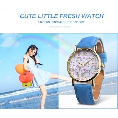 Retro Cartoons color unicorn Childrens watch rainbow girl Belt metal quartz watch Student leisure Analog watch Decorative watch
