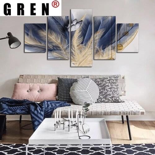 GREN 5 Pieces Abstract Feather Butterfly Canvas Art Painting Prints Modern Decor Posters for Living Room Home Decor Unframed