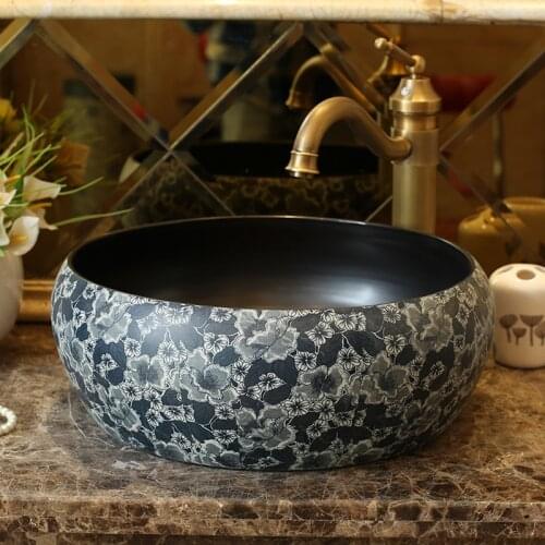 Jingdezhen Full Flower Ceramic Over Counter Shampoo Porcelain Wash Bathroom Sink