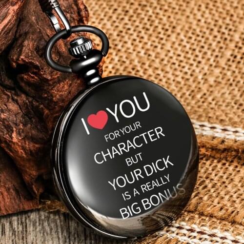 I Love Your Character Black Classic Pocket Chain Watch Quartz White Numerals Dial Practical Pendant Confession Gifts Men Women