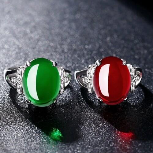 Vintage Fashion Red Green Crystal Jade Agate Gemstones Zircon Diamonds Rings for Women White Gold Silver Color Jewelry Bague