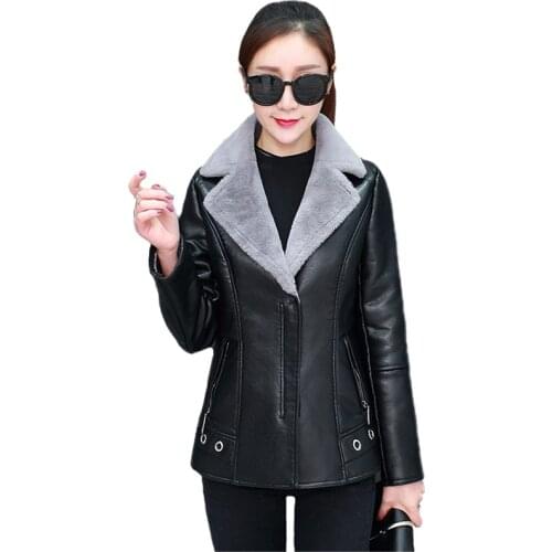2019 fashion winter faux leather jacket women flocking warm short Outerwear female Slim black motorcycle coat Plus size 5XL G598