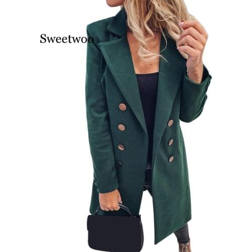 2020 Autumn Fashion Jacket Women Solid Color Basic Essential Double-Breasted Coat Mid-Long Wool Blend Coat