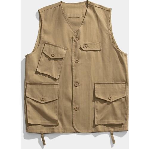 2021 Summer Men Multi-Pocket Vest Jacket Mens Casual Plus Size Outerwear Sleeveless Jacket Male Cotton Waistcoat