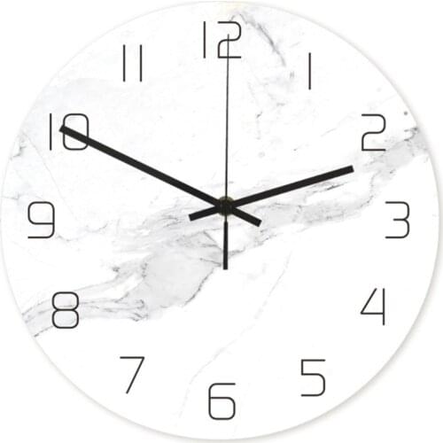 1Pc Wall Clock White Marble Grain UV Print Hanging Acrylic Round Clock Decorative Clock Without Battery