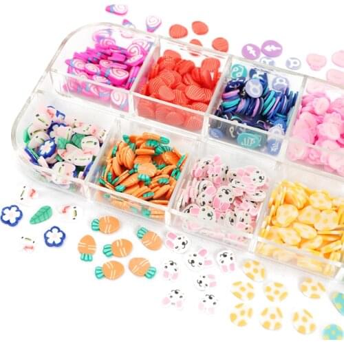 New Easter 12 grids Fashion Charm Soft Pottery Nails Ultra-thin Slices Pink Egg Bunny Design DIY Trimming Nail Art Accessories