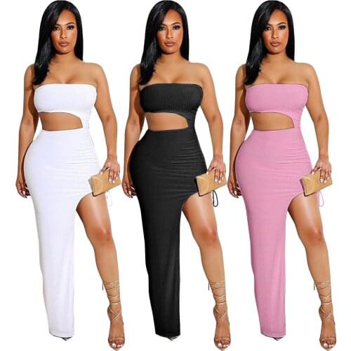Solid Color Side High Split Long Party Dress for Women Off The Shoulder Strapless Formal Dress Elegant Waist Band Cut Out Dress