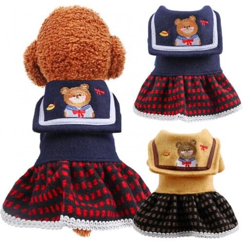 Autumn Winter Pet Dog Cat Warm Soft Clothes Lapel Student Cartoon Print Pattern Bear Plaid Skirt Dog Clothing for Small Dog