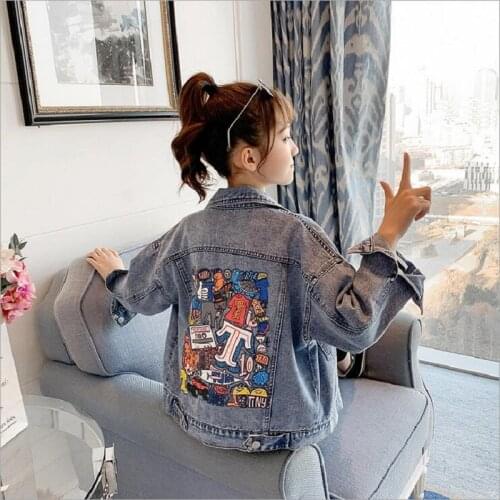 4-12Years Girls' Denim Coat Spring Autumn 2021 New Childrens Outwear Foreign Style Fashion Cartoon Jacket For Girls Top Clohtes