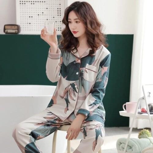 FINETOO Milk Silk Long-sleeve Pajamas 2Pcs/set Printed Pyjama Women Clothes Female Sleepwear Suits Girls Casual Night Sleepwear