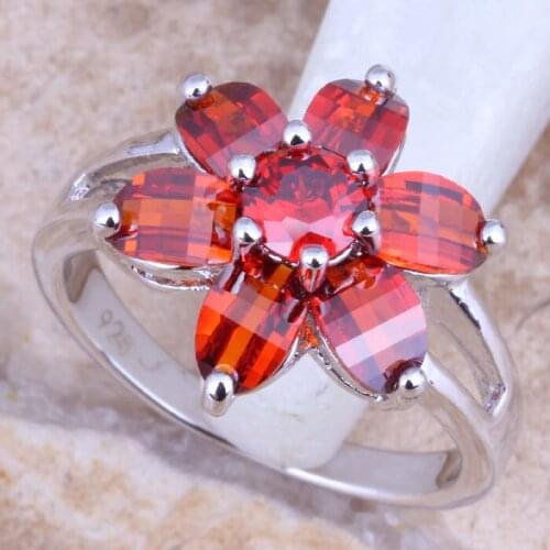 Attractive Red Garnet Silver Plated Womens Flower Jewelry Ring Size 6 / 7 / 8 / 9 R1195