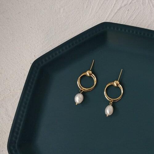 Stud Earrings for Women Fashionable Natural Freshwater Pearl Geometric Earrings Ring Retro Jewelry Accessories Wholesale