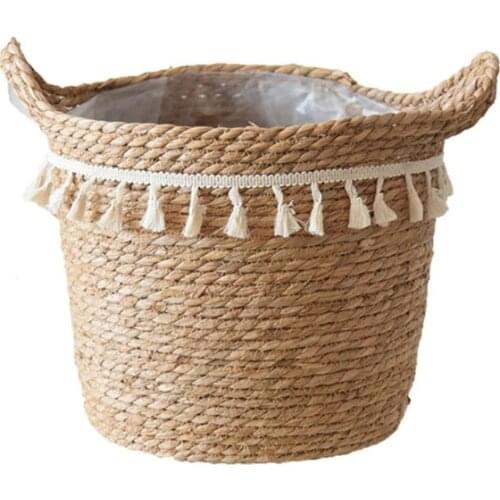 2021 New Nordic Handmade Straw Laundry Picnic Storage Basket Tassel Flower Pot Container