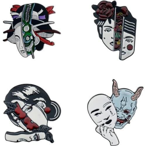 Japanese Geisha Women Wear Masks Brooch Hannya Mask Brooches Enamel Pins Gothic Horror Demon woman Lapel Pin Gifts