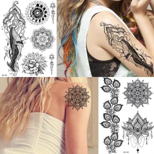 YURAN Girls Women Fashion Mandala Henna Flower Whale Tattoos Temporary Black India Lace Leaf Tato Water Transfer Fake Arm Tattoo