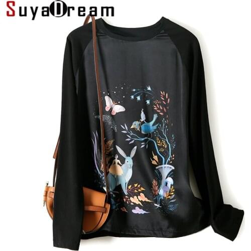 SuyaDream Women Black T Shirt Real Silk and Cotton O Neck Long Sleeves Print Shirt 2021 Spring Autumn White Silk Top XXXL