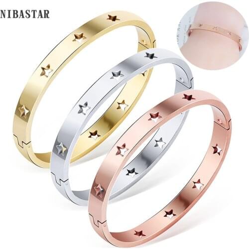 NIBASTAR Hollow Star Bracelets & Bangles For Women Fashion Stainless Steel Sweet Romantic Bracelet Rose Gold Jewelry Gift