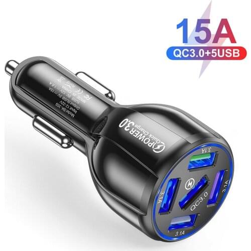 15A 5 Ports USB Car Charger QC3.0 3.1A Fast Charging For Iphone 12 11 Pro Max Samsung Xiaomi LED Mobile Phone Charger