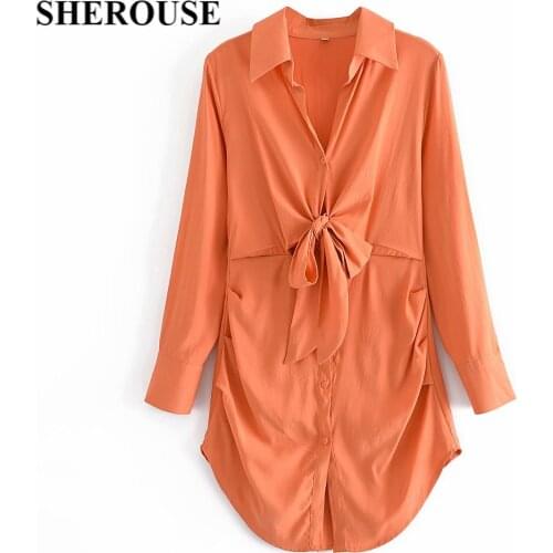 2021 New Summer Women Buttoned Dress Bow Short Shirt Dresses Chic Lady Casual Fashion Women Clothes