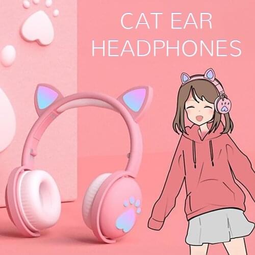Wireless Headphones Cute Cat Ear Paw Girls Gift Kids LED Glowing Bluetooth Earphone HIFI Stereo Bass Earbuds Handsfree Headset