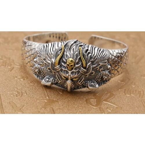 Huge Heavy Real Solid 925 Sterling Silver Cuff Bracelet Hawk Skull Jewelry A3388