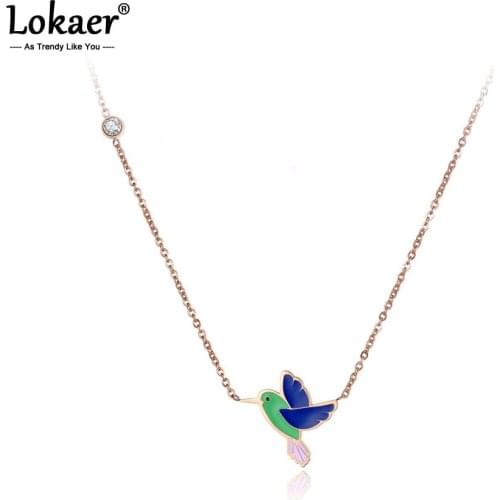 Lokaer Titanium Stainless Steel Colorful Glaze Hummingbird Choker Necklace Jewelry Lovely Pendant Chain Necklace For Girl N19054