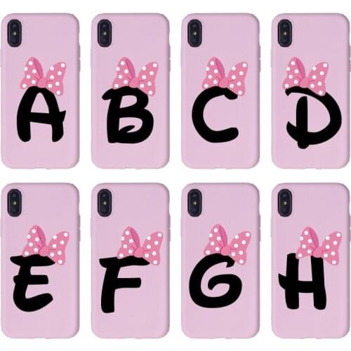 Custom Cute Pink Bowknot Cartoon Initial Alphabet Soft Pink TPU Phone Case Cover For iPhone 12 XS XR 11 Pro Max 8 8Plus X 7Plus