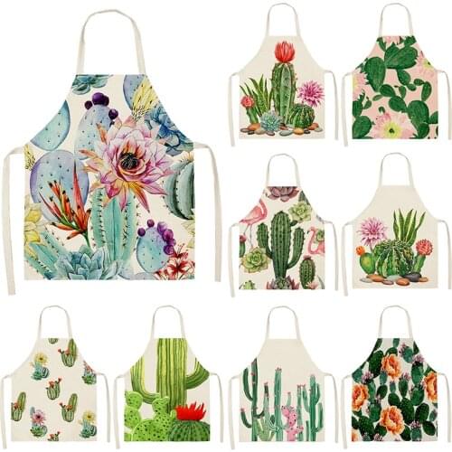 1Pcs Cactus Plants Pattern 53*65cm Cleaning Aprons Home Cooking Kitchen Apron Cook Wear Cotton Linen Pinafore Adult Bibs 46348
