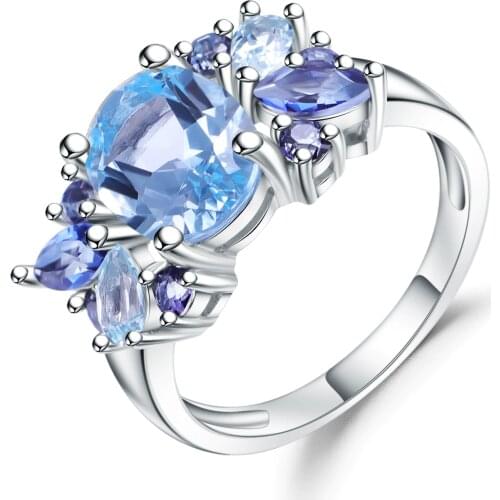 Gems Ballet Classic 3.47Ct Natural Sky Blue Topaz Mystic Quartz Ring 100% 925 Sterling Silver Mona Lisa Wedding Rings for Women