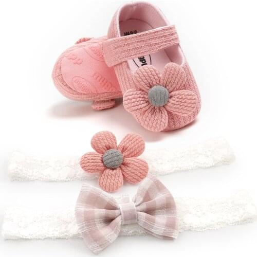 Cute Newborn Baby Girl Shoes Headband Set Princess Flower Soft Toddler Kids Shoes First Walkers Lace Bow Baby Headband Shoes