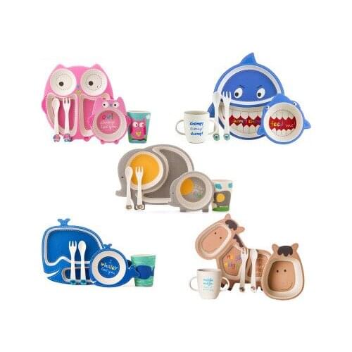 Baby Tableware Lovely Cartoon Children Feeding Dishes Kids Dish Bamboo Fiber Dinnerware Set With Bowl Fork Cup Spoon Plate 5Pcs