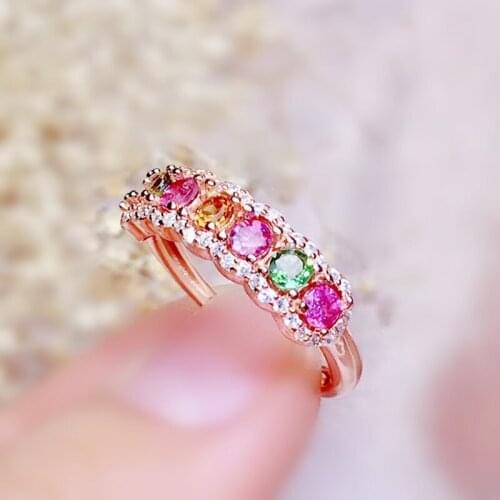 Natural real colorful tourmaline round ring Per jewelry 0.15ct*7pcs gemstone 925 sterling silver Fine jewelry J21545