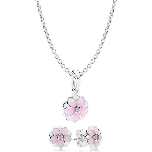 NEW Book Di 925 Sterling Silver Magnolia Bloom Necklace and Earring Set fit charm original Necklace Women jewelry A Set