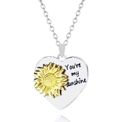 2020 New Sunflower Pendant Necklace You are My Sunshine Rotating Pendant Chain Charm Heart Shape Necklace Girls Birthday Gift