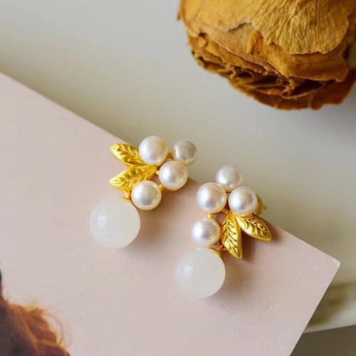 New silver inlaid natural white jade synthetic Pearl Earrings Chinese style retro minority design charming womens brand jewelry