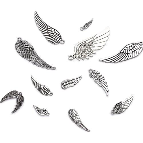 Approx 30~35pcs/100g Bronze Alloy Random Mixed Shape Wing Pendants Charms 24~56x9~21x1~2mm, Hole: 1.5~5x2~3mm